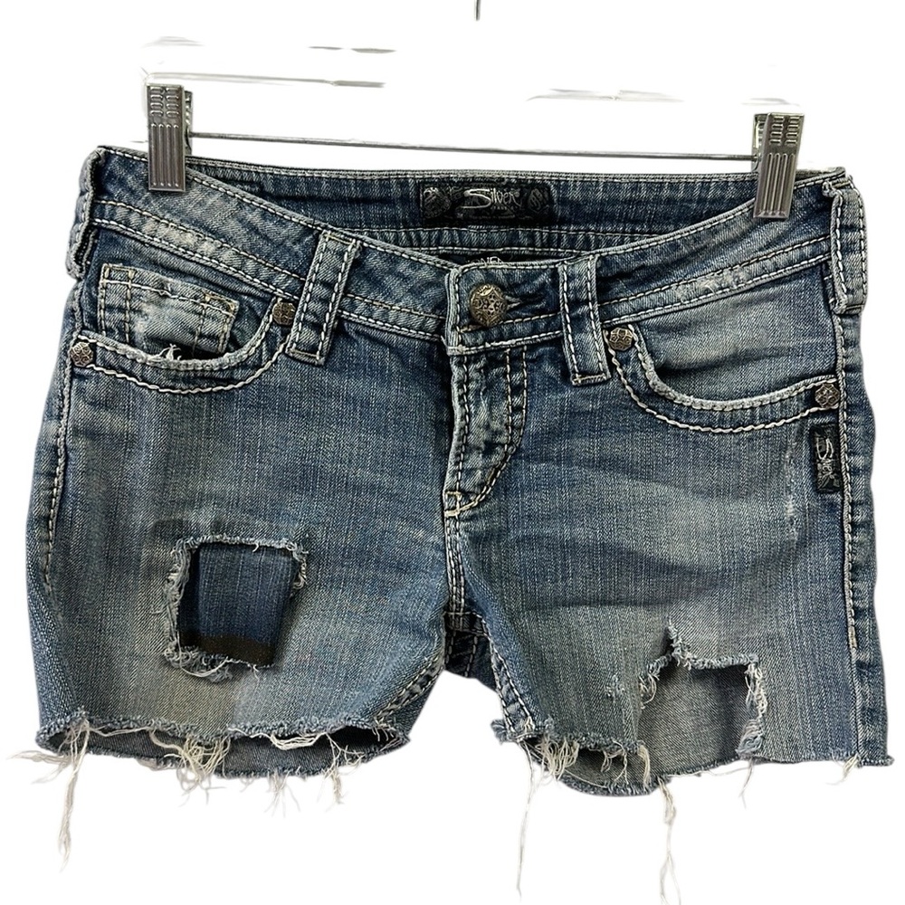 Silver Pioneer Distressed Booty Cut Off Blue Jean Shorts Raw Hem Womens 28